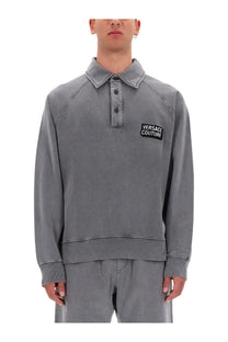 Versace Jeans Couture men’s gray polo style sweatshirt with black embroidered logo patch on the chest