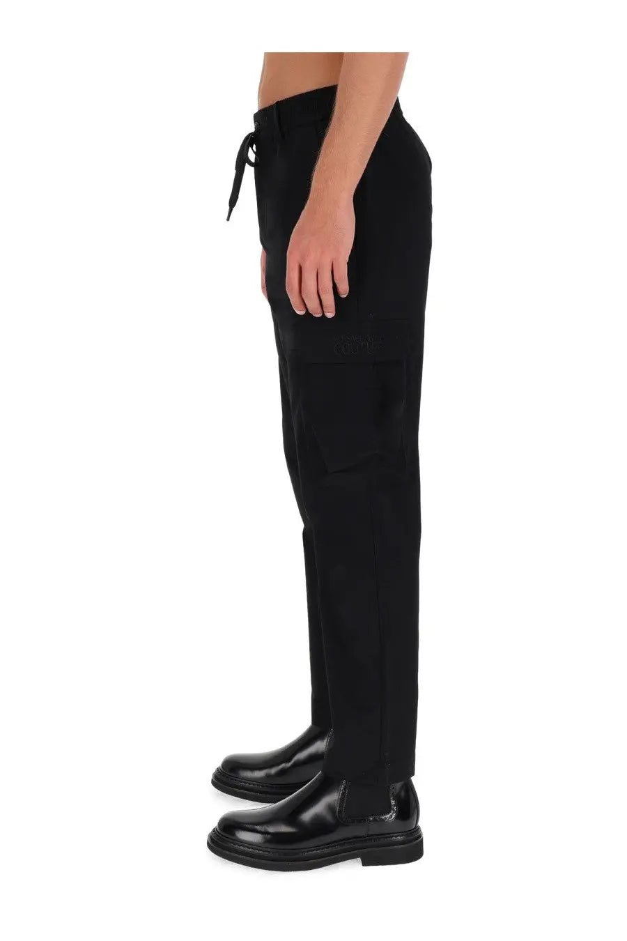 Versace Jeans Couture men’s black tapered technical cargo pants with drawstring waist and smooth fabric