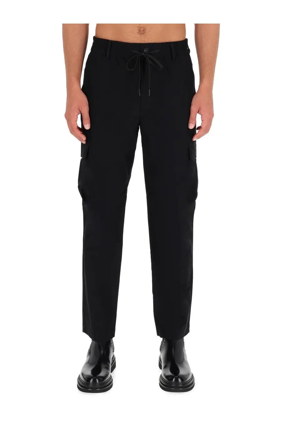 Versace Jeans Couture men’s black technical cargo pants with drawstring waist and side pockets in durable fabric