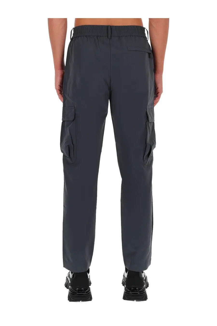 Versace jeans couture men’s grey technical cargo pants with dark gray multiple pockets and relaxed fit