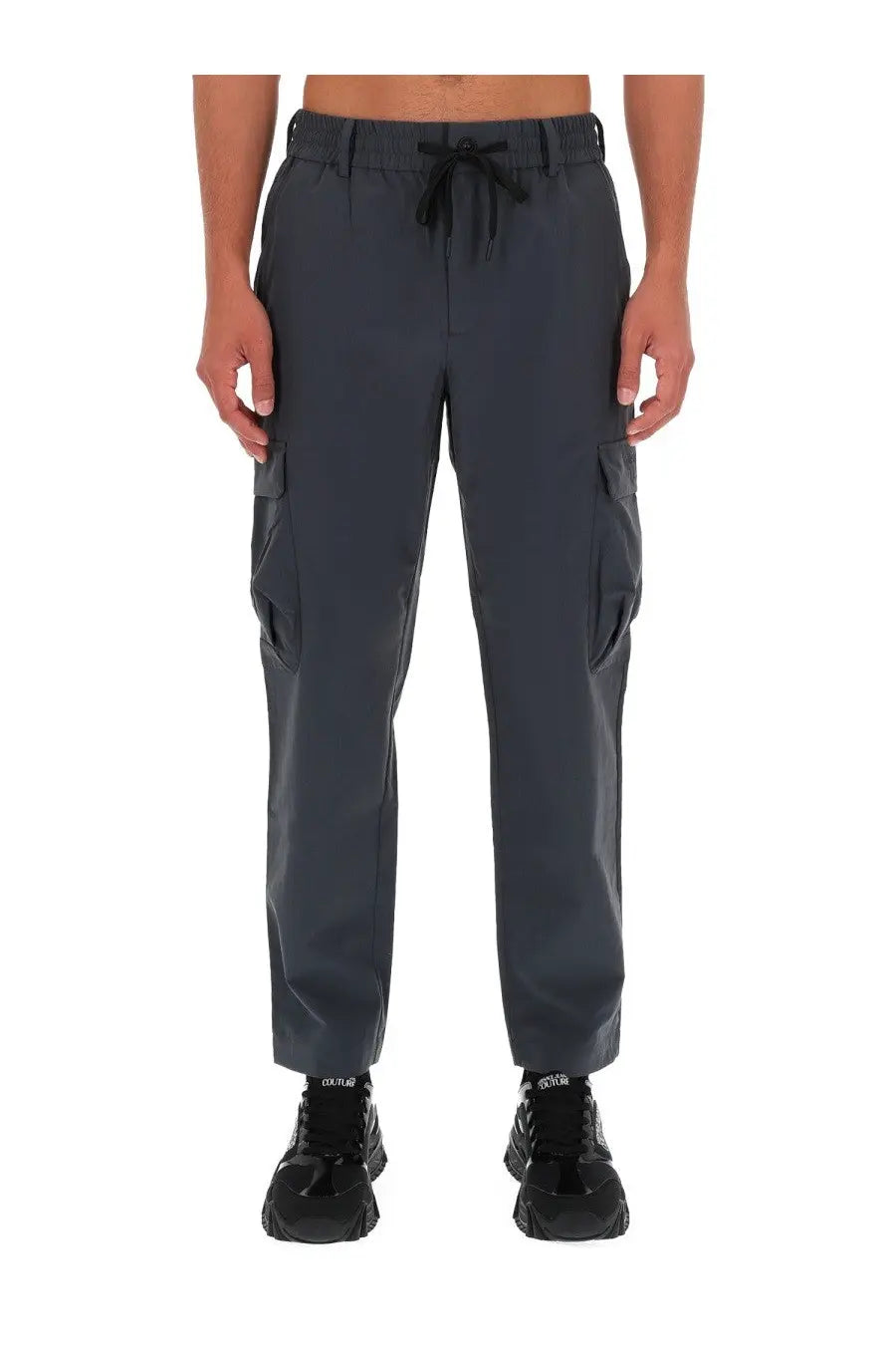 Versace Jeans Couture men’s grey technical cargo pants with dark gray side pockets and a drawstring waistband