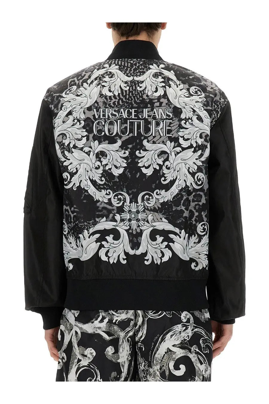 Versace jeans couture men’s black bomber jacket in technical fabric with white baroque embroidery on the back