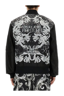 Versace jeans couture men’s black bomber jacket in technical fabric with white baroque embroidery on the back