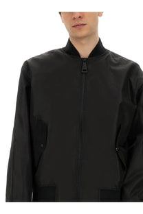 Versace Jeans Couture men’s black bomber jacket with sleek minimalist design and subtle sheen in technical fabric
