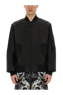 Versace Jeans Couture men’s black bomber jacket with sleek matte finish and subtle contrast stitching in technical fabric