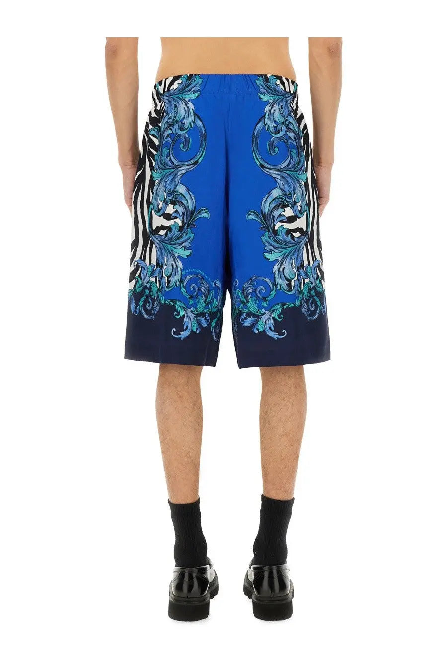 Versace jeans couture men’s viscose shorts in blue with teal baroque pattern and black and white zebra side stripes
