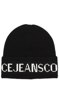 Versace jeans couture men’s black ribbed knit beanie with wool acrylic blend and white pixelated cejeans cuff logo