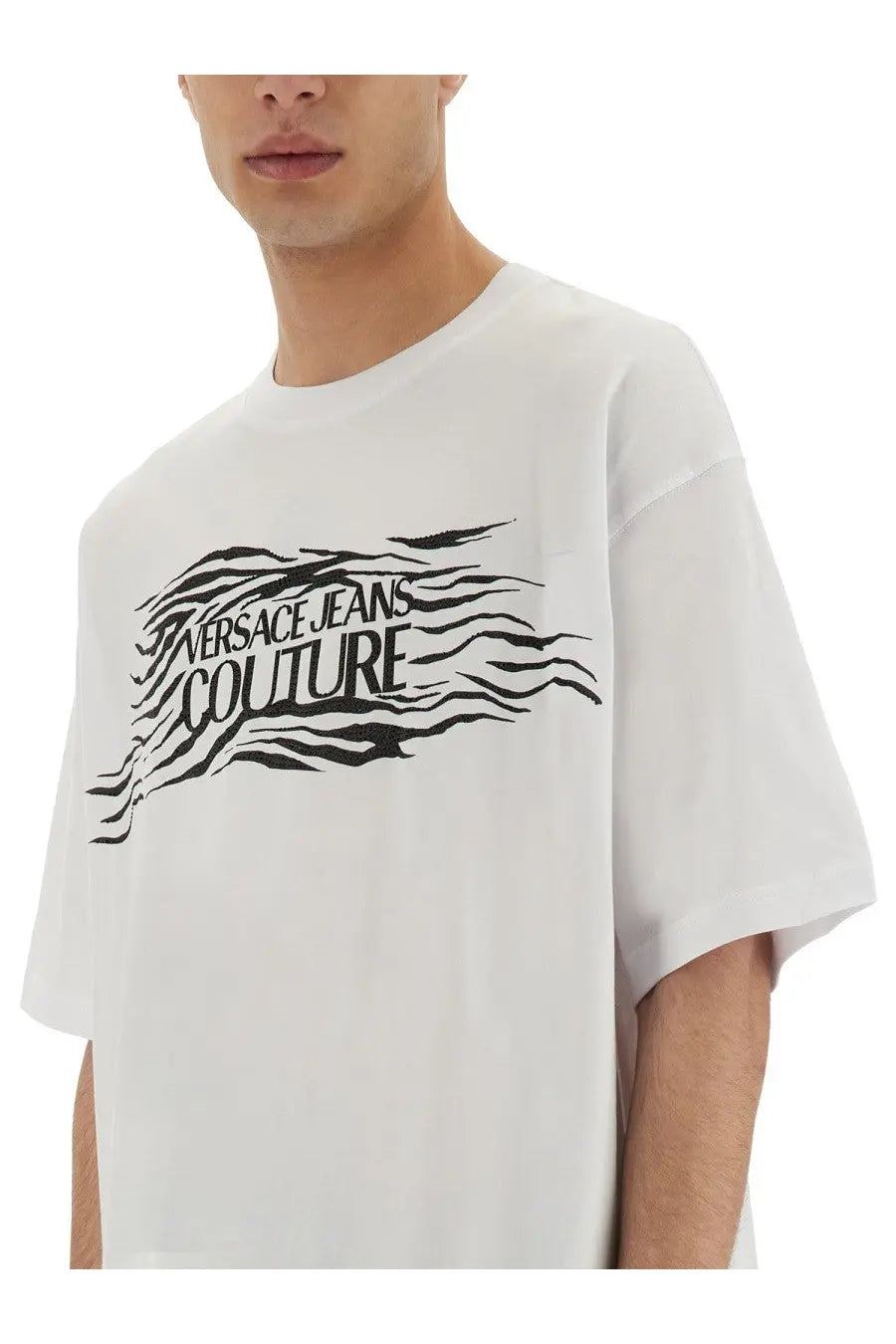 Versace Jeans Couture men’s white cotton t-shirt with black zebra-striped rhinestone graphic print front