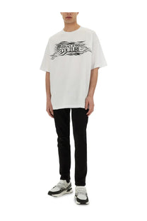Versace Jeans Couture men’s white t-shirt with black wave-patterned logo across the chest in cotton blend