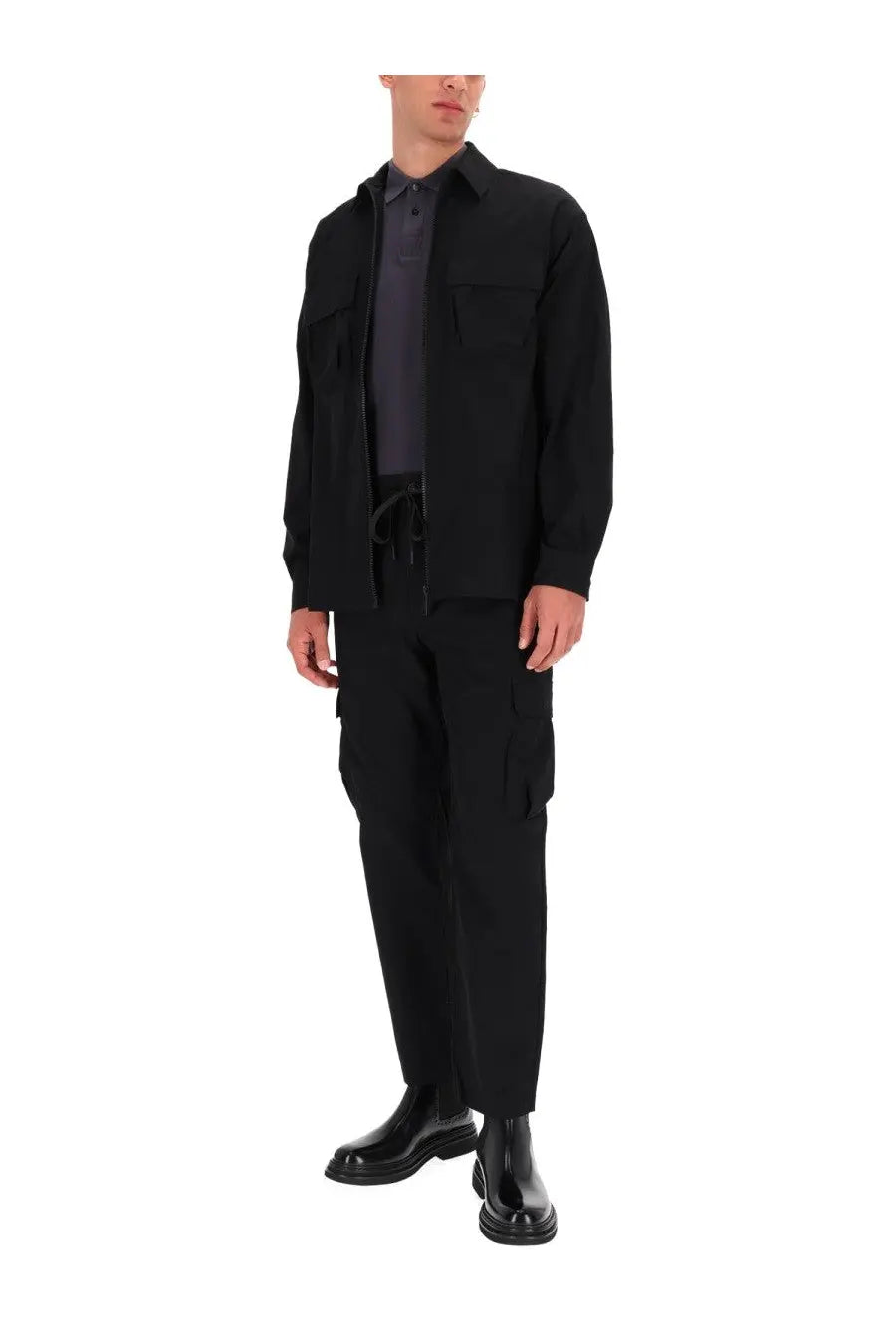 Versace Jeans Couture men’s black utility jacket with two chest pockets and drawstring waist for casual wear