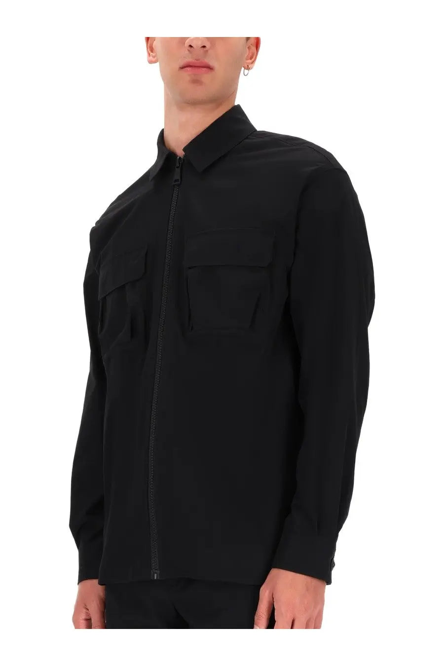 Versace Jeans Couture men’s black zip-front shirt with structured collar and two chest pockets in cotton material