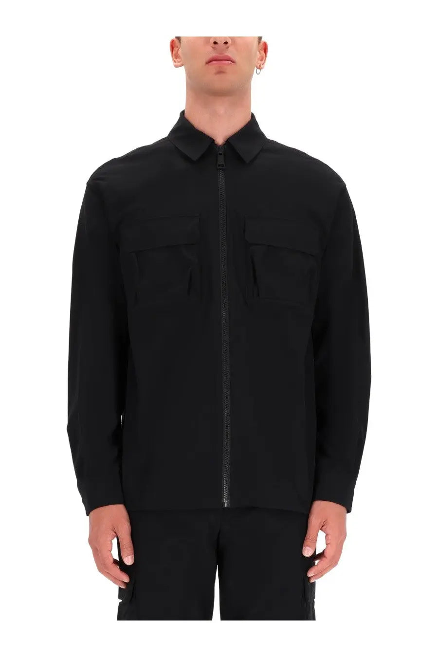 Versace Jeans Couture men’s black zip-front utility jacket with collar and two chest pockets in durable fabric