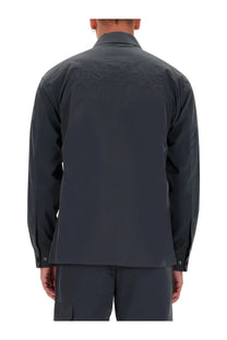 Dark gray versace jeans couture men’s zippered long-sleeved shirt showing back with subtle embossed text across it