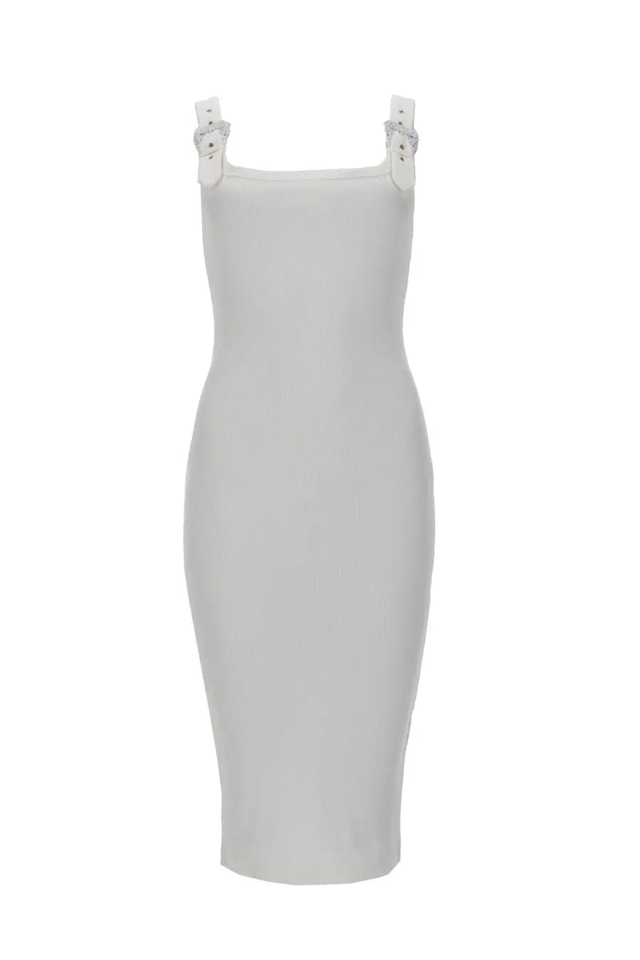 Versace jeans couture women’s form-fitting white abito tubino dress with square shoulder straps and silver buckle details
