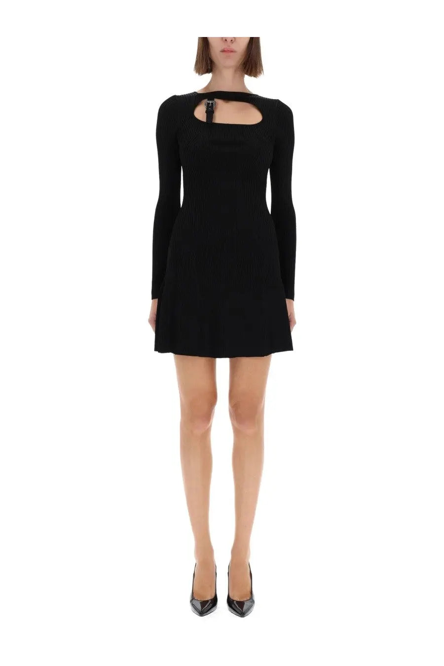 Versace Jeans Couture women’s black long-sleeved mini dress with cut-out neckline and subtle pleated hem