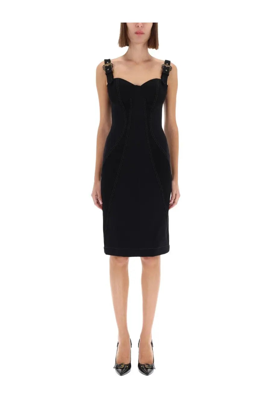 Black velvet strapless dress with structured bodice and metal clasps at shoulders by Versace Jeans Couture