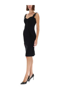 Versace Jeans Couture women’s black velvet midi dress with decorative shoulder straps and fitted silhouette