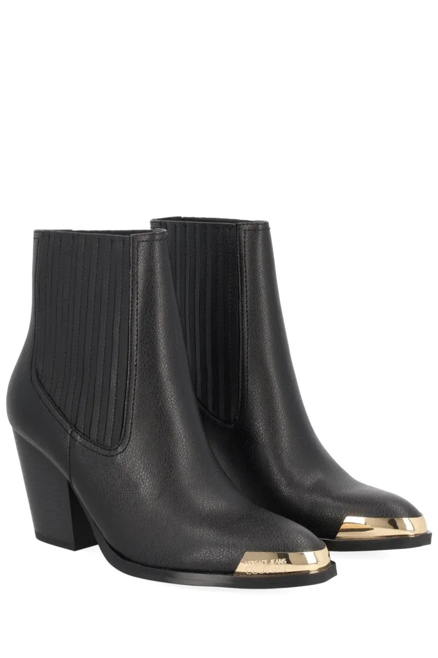 Versace Jeans Couture women’s black leather ankle camperos boots with gold metal toe caps and ribbed elastic side panels
