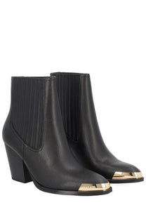 Versace Jeans Couture women’s black leather ankle camperos boots with gold metal toe caps and ribbed elastic side panels