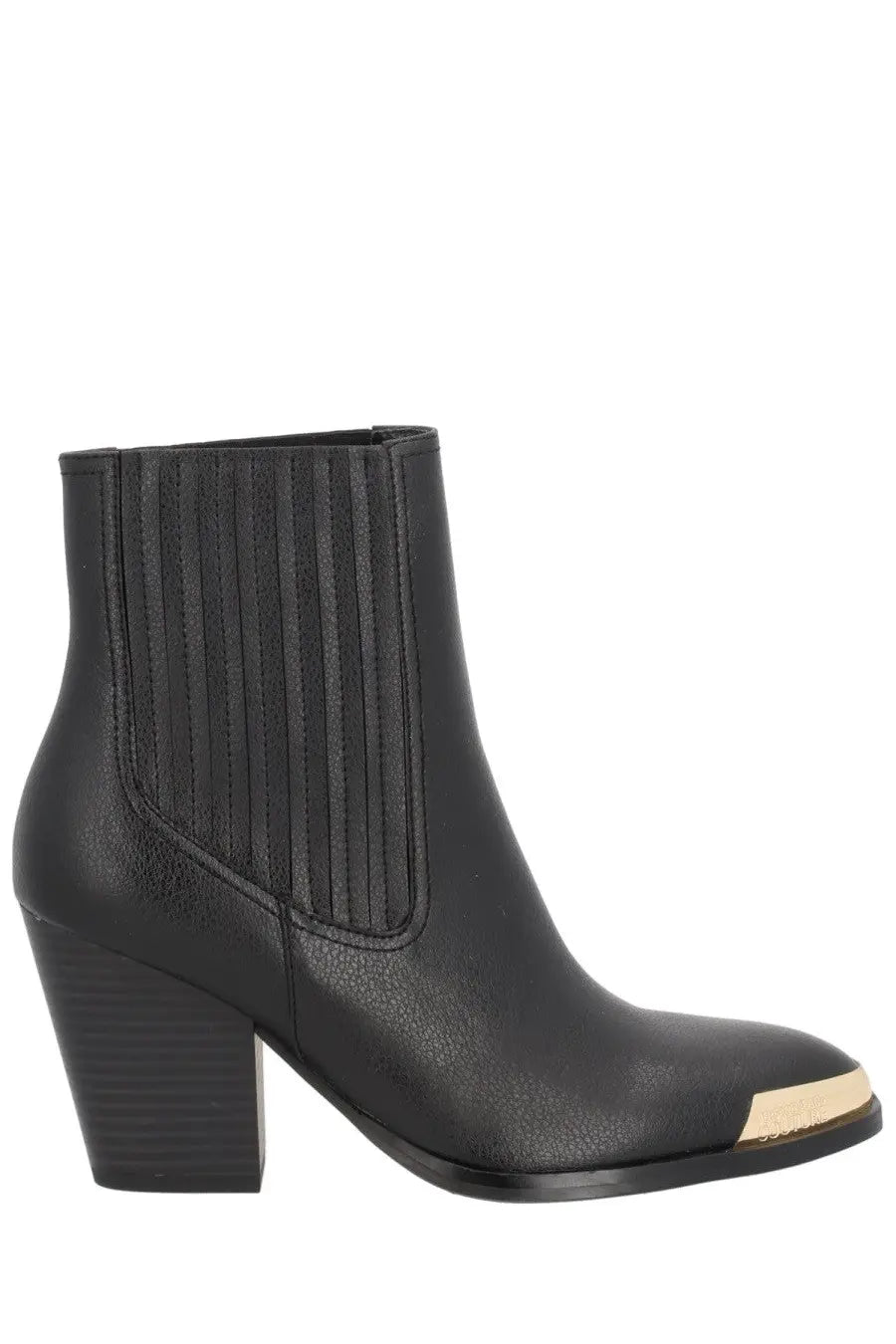 Versace Jeans Couture women’s black leather ankle boot with gold-tone toe cap and ribbed elastic side panels