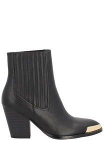 Versace Jeans Couture women’s black leather ankle boot with gold-tone toe cap and ribbed elastic side panels