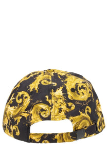 Versace Jeans Couture black women’s baseball cap with bold gold baroque pattern and versace branding