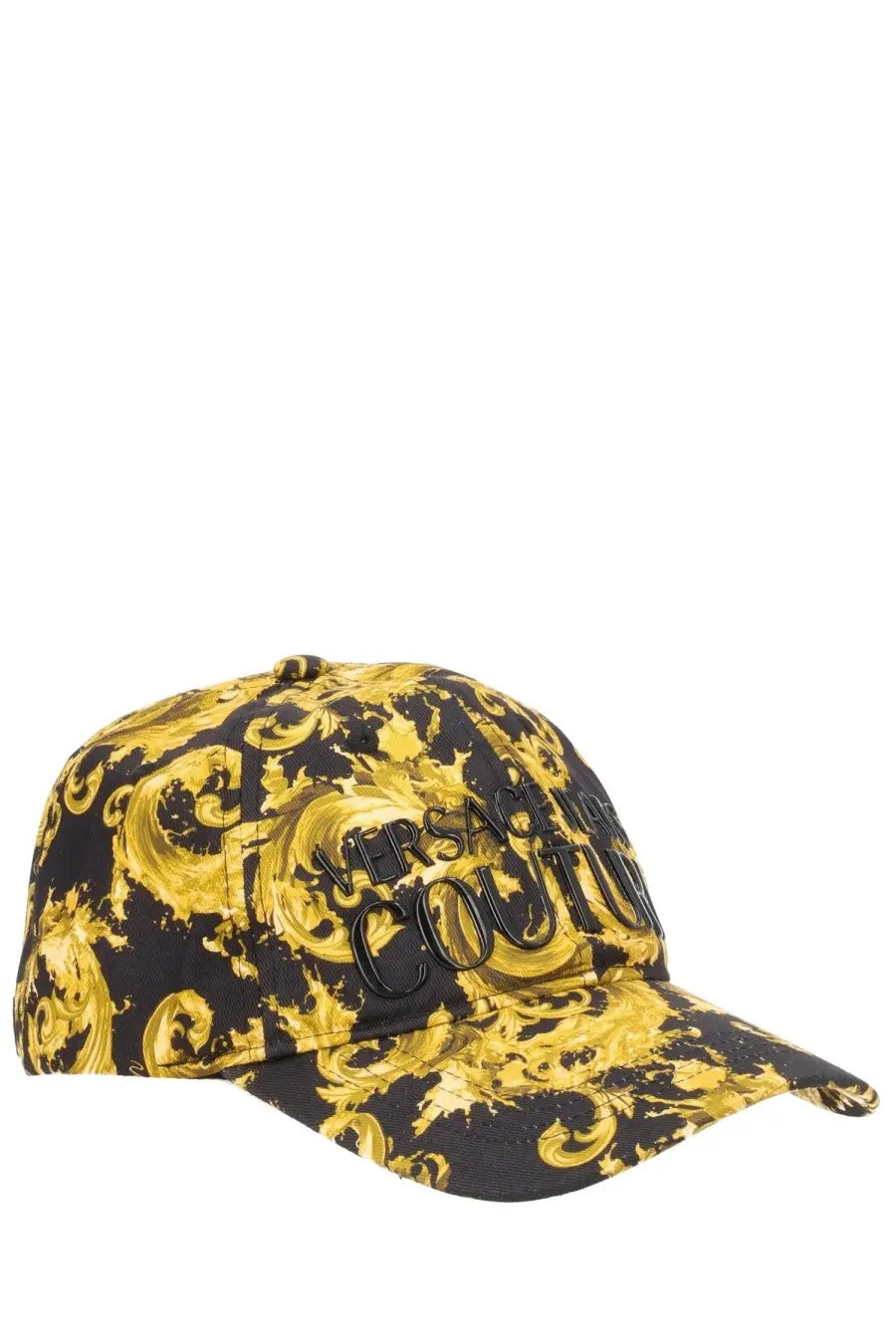 Versace Jeans Couture women’s black and gold baseball cap with ornate baroque pattern and embroidered branding