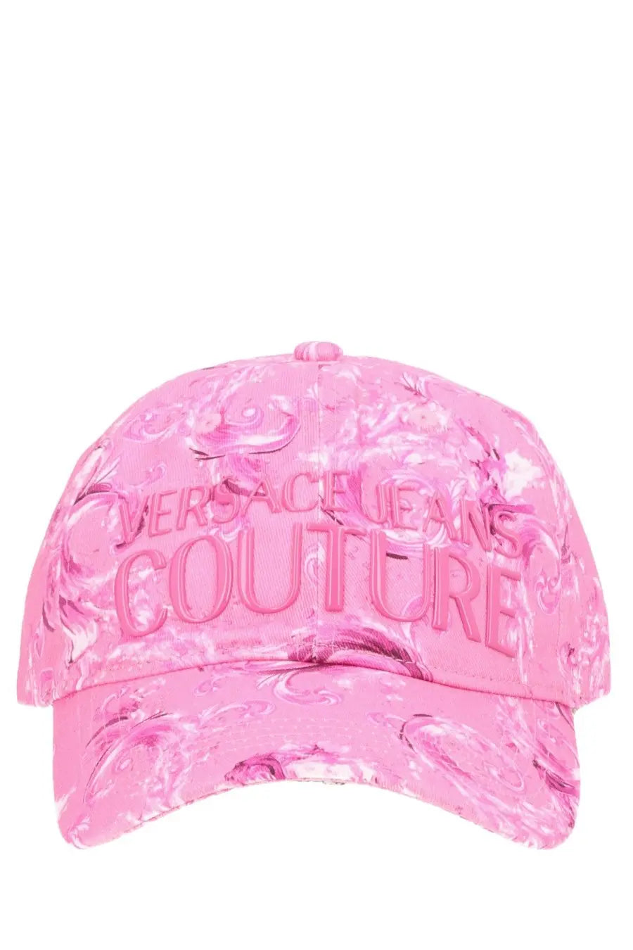 Pink versace jeans couture women’s baseball cap with embossed logo and swirling pattern in blue fabric
