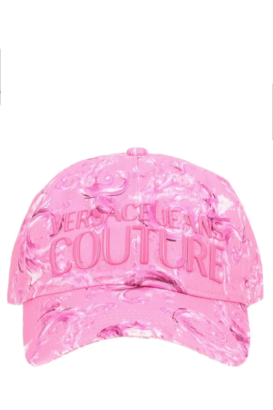 Pink versace jeans couture women’s baseball cap with embossed logo and swirling pattern in blue fabric