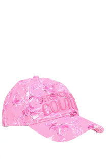 Pink versace jeans couture women’s baseball cap with ornate baroque-style embroidery in matching pink and white tones
