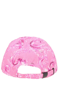 Versace jeans couture women pink baseball cap with swirling baroque pattern and black adjustable strap shown from back