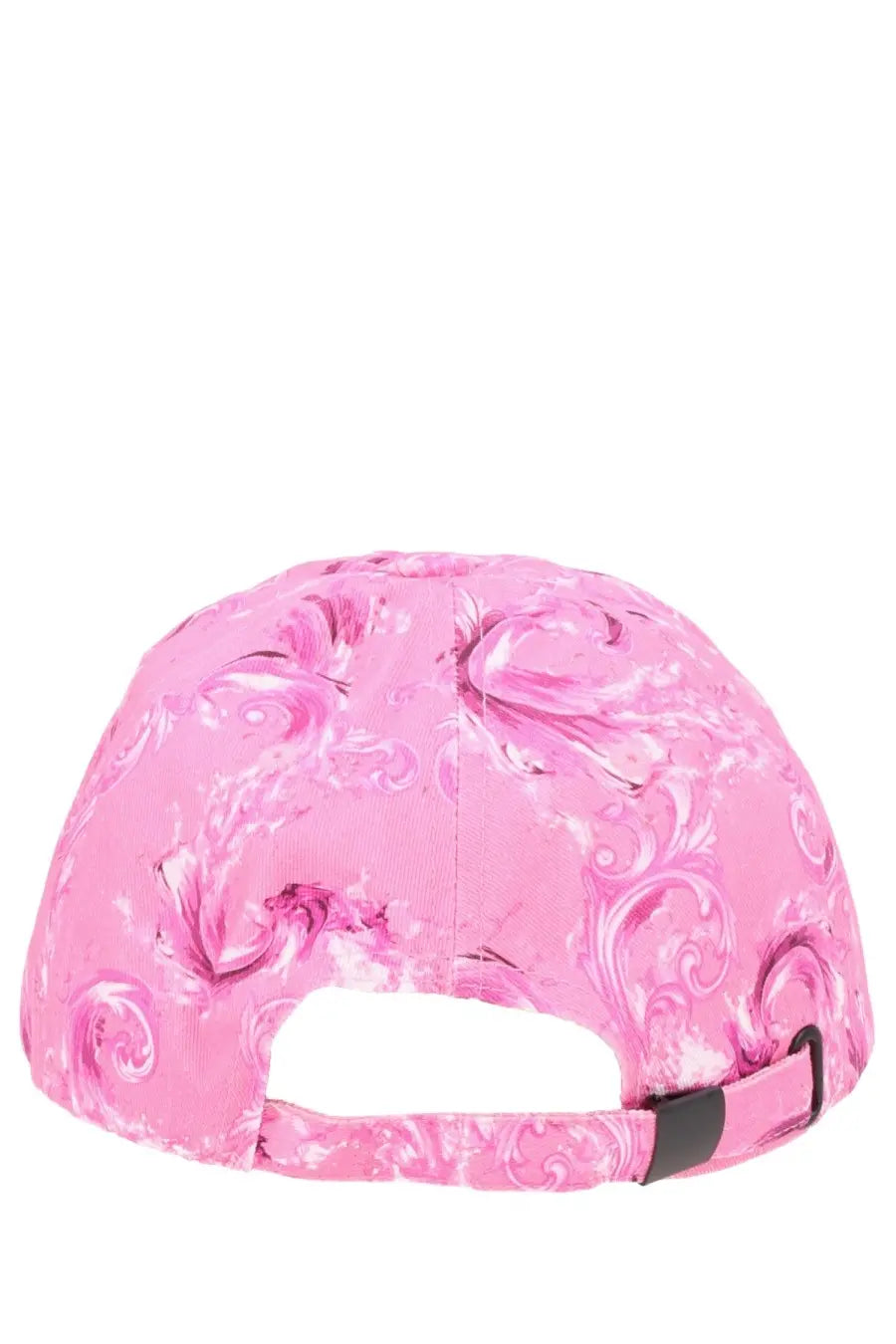Versace jeans couture women’s pink baseball cap with swirling baroque pattern and black adjustable strap back view