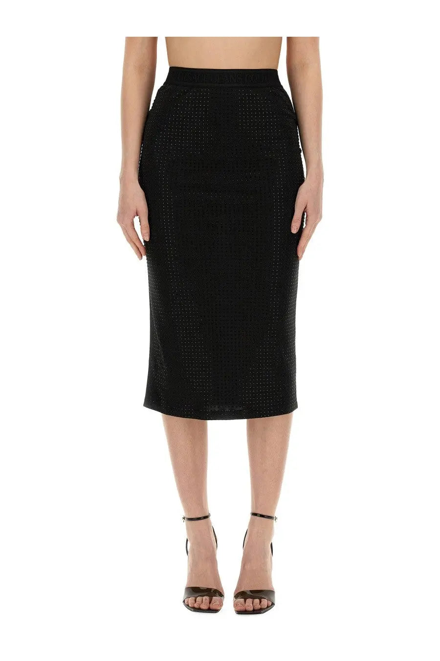 Versace jeans couture women’s black textured pencil skirt with fitted silhouette and subtle perforated pattern