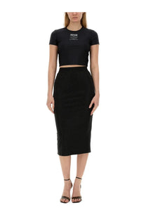 Black textured Versace Jeans Couture women’s crystal pencil skirt with fitted silhouette and subtle perforated detailing