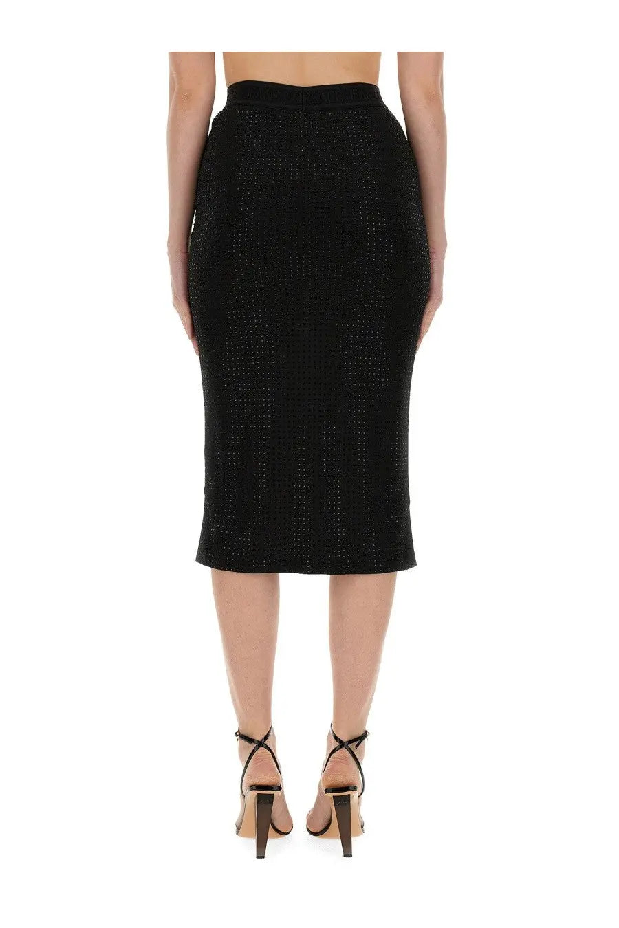 Versace jeans couture women’s black crystal pencil skirt with fitted silhouette and subtle shimmering embellishments