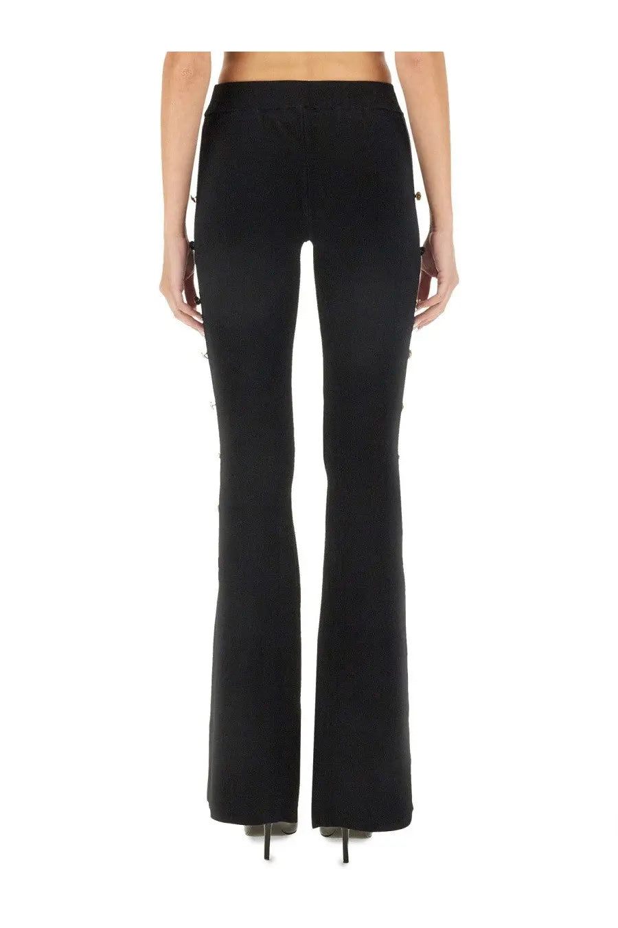 Versace Jeans Couture women’s black cut out pants with sleek stretchy fabric and subtle side button detailing
