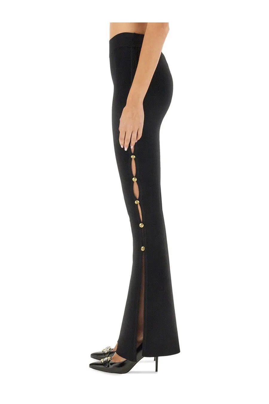 Versace Jeans Couture women’s black high-waisted flared pants with gold-tone buttons down side seam