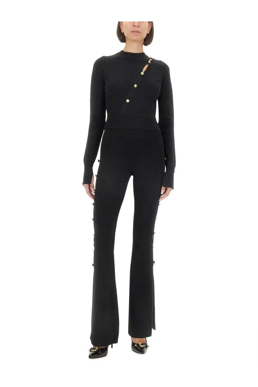 Versace jeans couture women’s black knit jumpsuit with gold-tone buttons down front and side seams