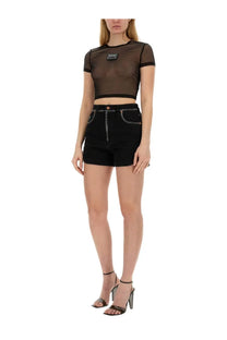 Versace Jeans Couture women’s black mesh short-sleeved crop top with small chest logo patch
