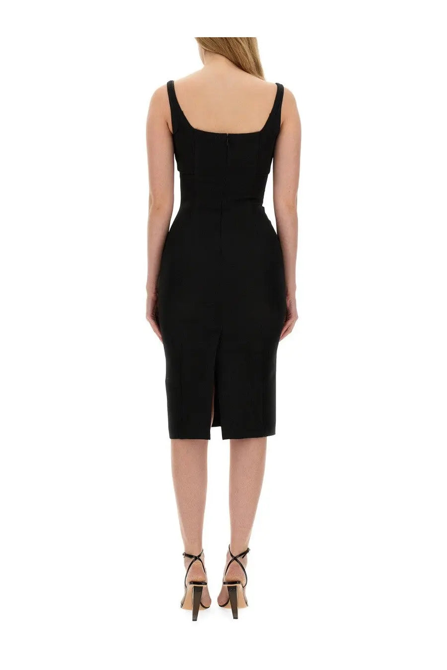 Black sleeveless fitted midi dress with square neckline and back zipper by versace jeans couture women’s dress black