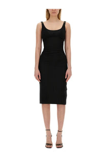 Versace jeans couture women’s black sleeveless fitted midi dress with thin shoulder straps and subtle front slit
