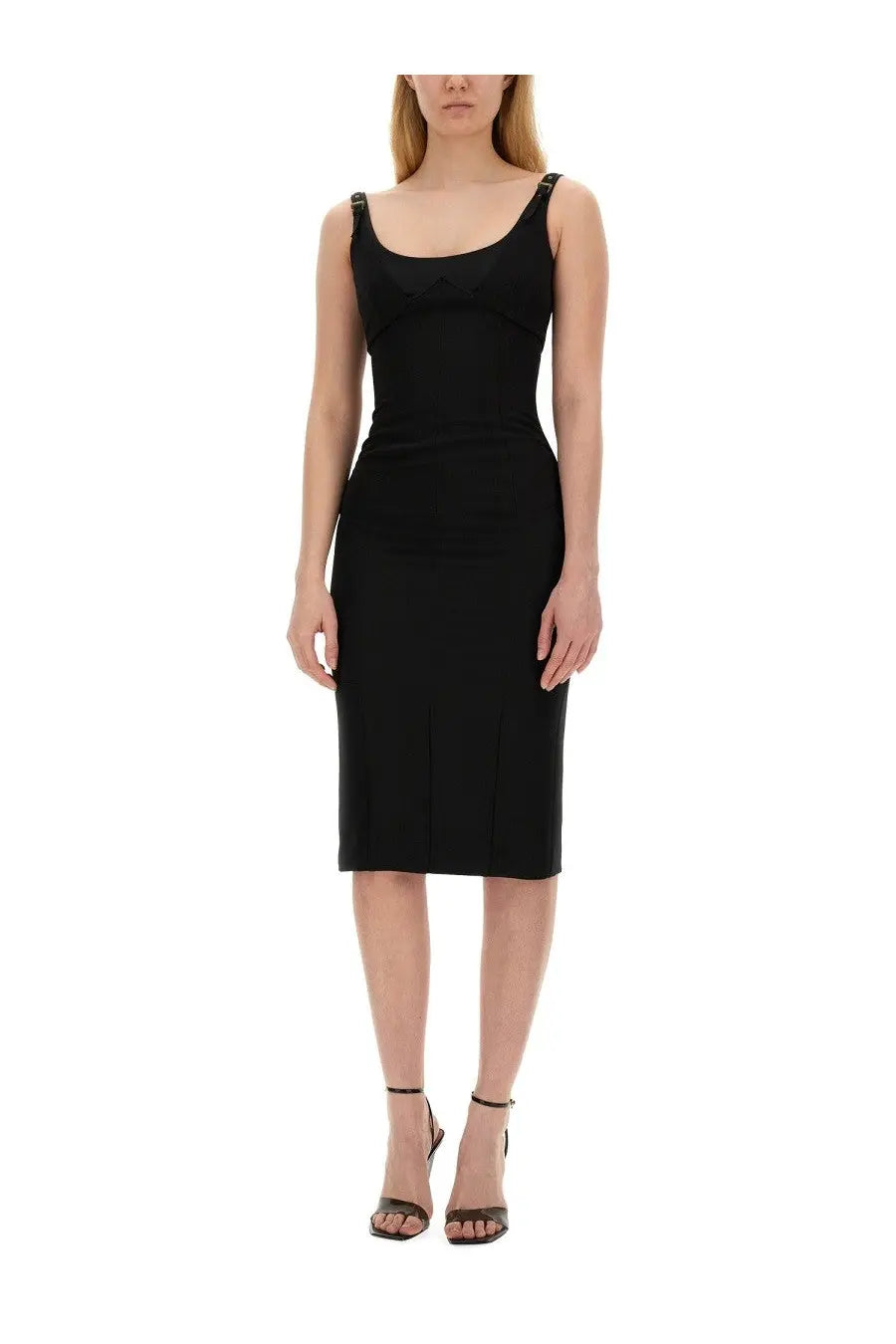 Versace jeans couture women’s black sleeveless midi dress with fitted silhouette and subtle front pleats