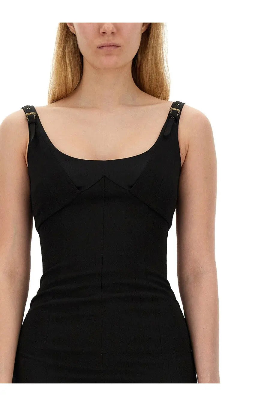 Versace Jeans Couture women’s black sleeveless dress with structured bodice and gold-toned buckle strap details