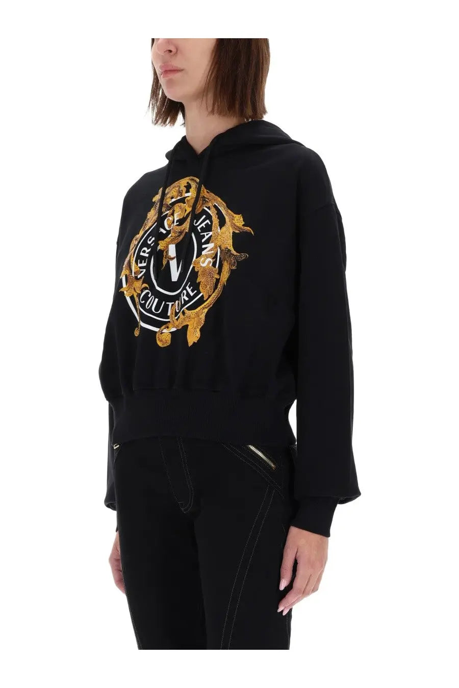 Black versace jeans couture hoodie with gold embellished logo and drawstring hood from women’s emblem baroque sweatshirt