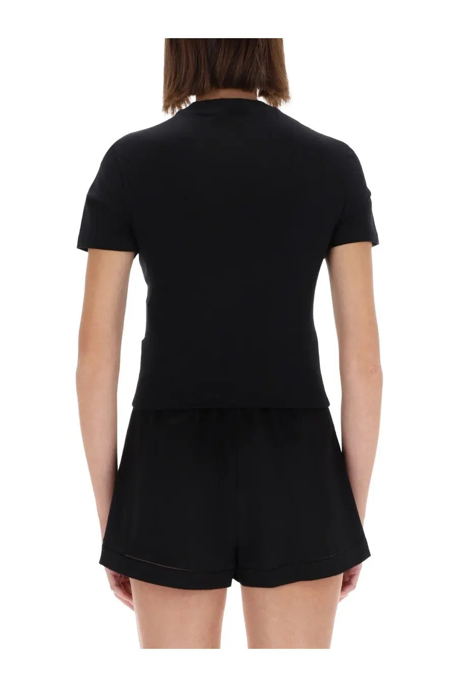 Versace Jeans Couture women’s black emblem shirt with short sleeves high neckline and subtle seam detailing