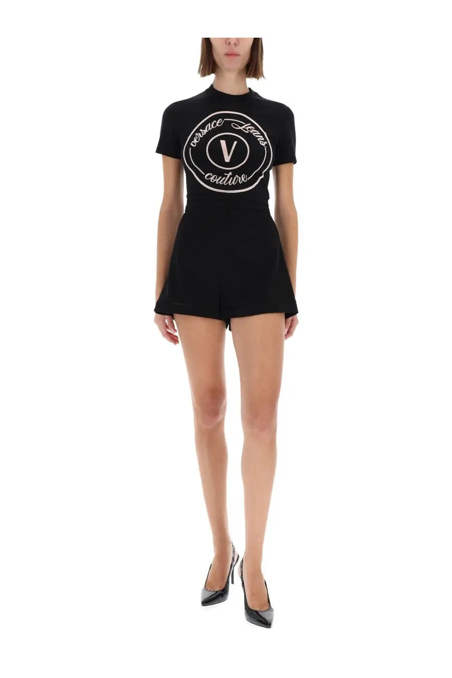 Versace Jeans Couture women’s black short-sleeved t-shirt with white circular emblem and central v logo