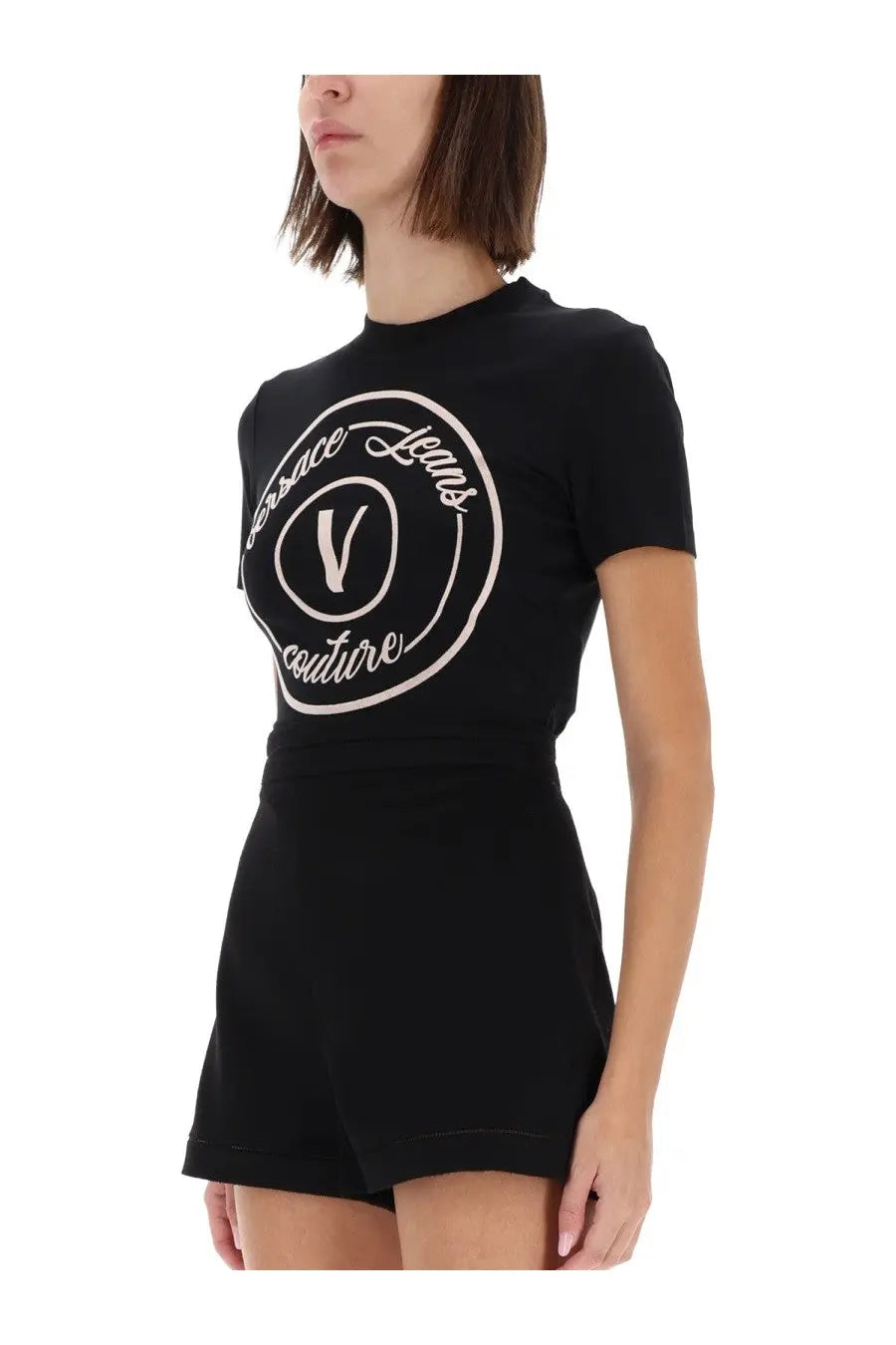 Versace Jeans Couture women’s black short-sleeved t-shirt with white embroidered circular emblem and stylized V logo