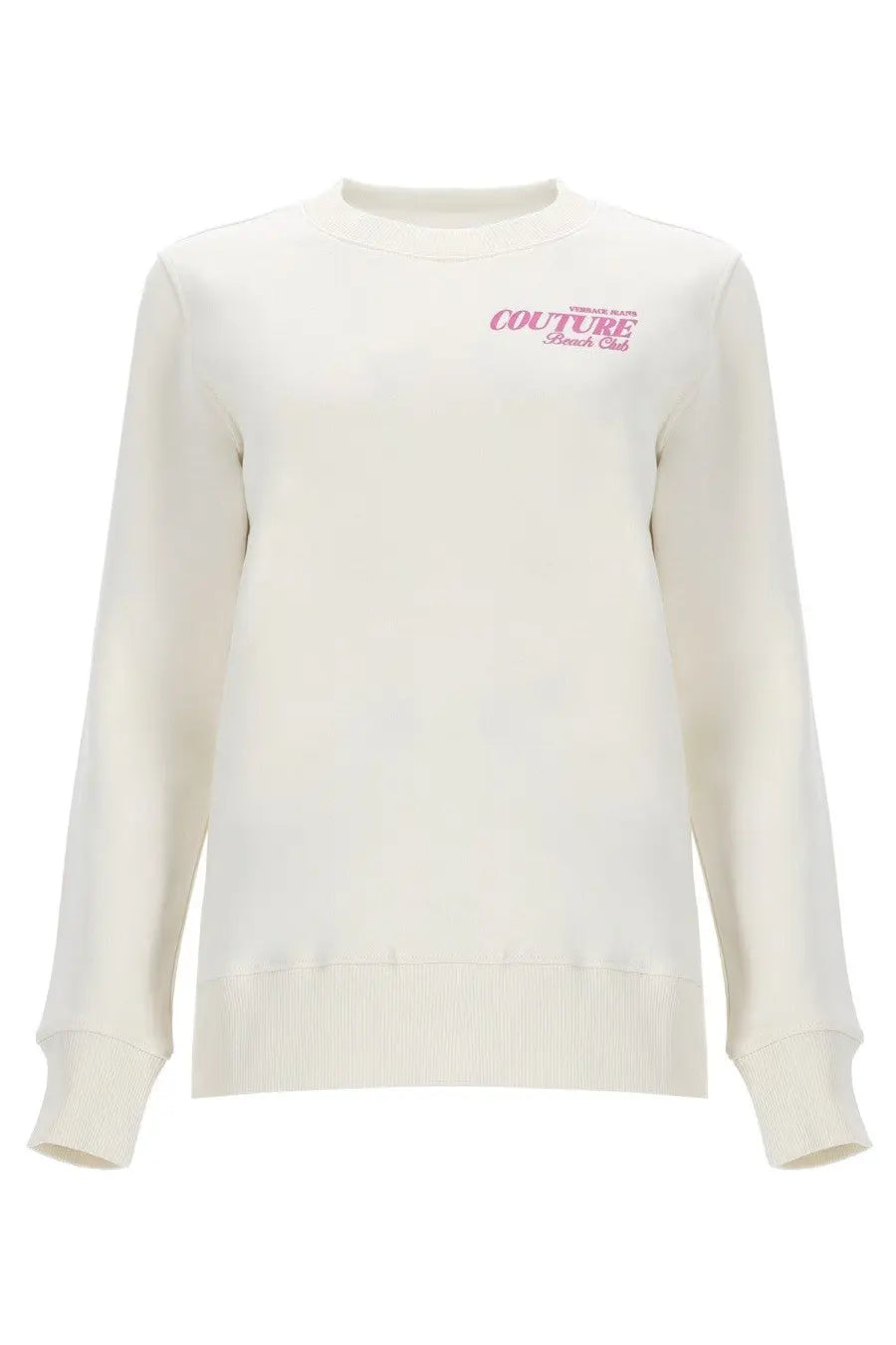 Versace Jeans Couture women’s cream cotton sweatshirt with pink couture beach club embroidery on the chest
