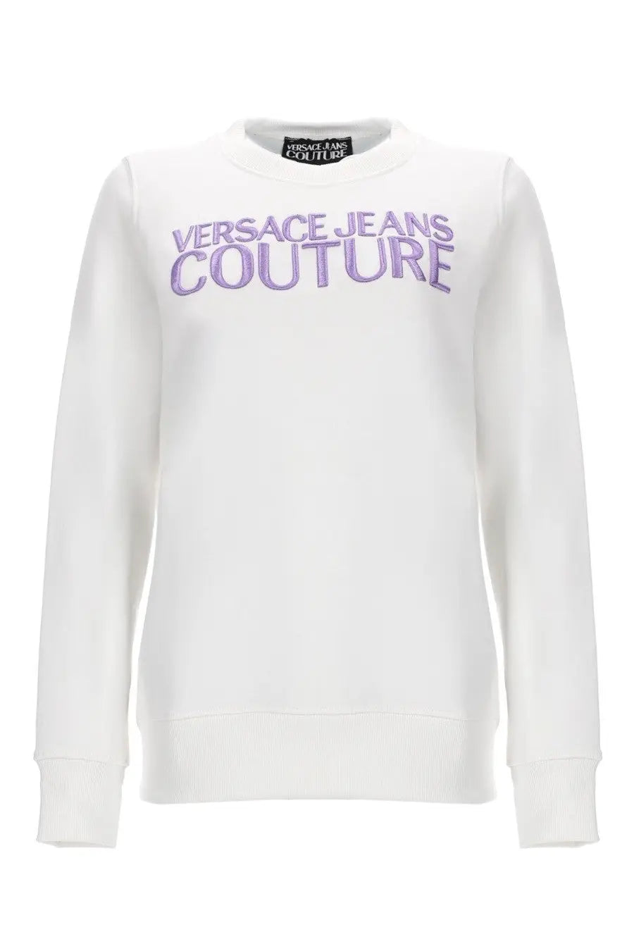 White versace jeans couture sweatshirt in cotton jersey with purple embroidered logo on the chest