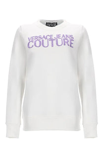 White versace jeans couture sweatshirt in cotton jersey with purple embroidered logo on the chest